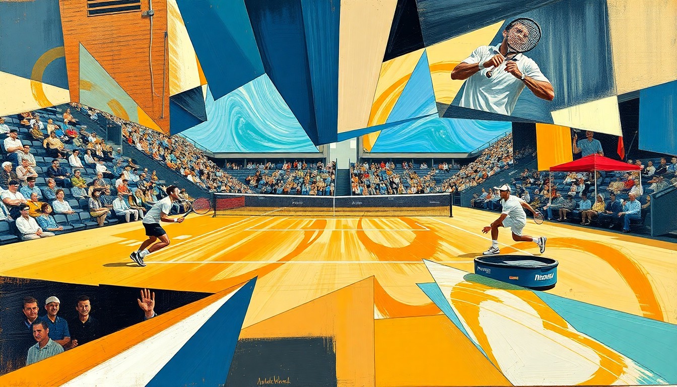 A cubist, geometric painting depicting a tennis match between two players, with sharp, overlapping planes of color and form representing the dynamic action on the court.
