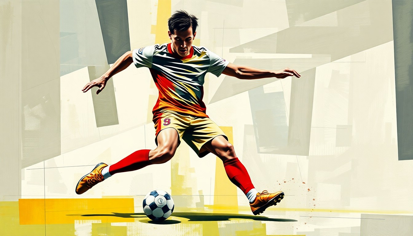 A cubist, geometric painting depicting the dynamic movements of a soccer player, with their face and jersey abstracted into overlapping shapes and planes, capturing the energy and excitement of the game.