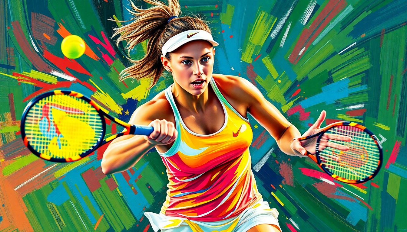 An abstract, expressionist painting featuring bold, neon-colored brushstrokes that capture the dynamic movement and energy of a tennis match, conveying the intensity and power of the players' strokes.