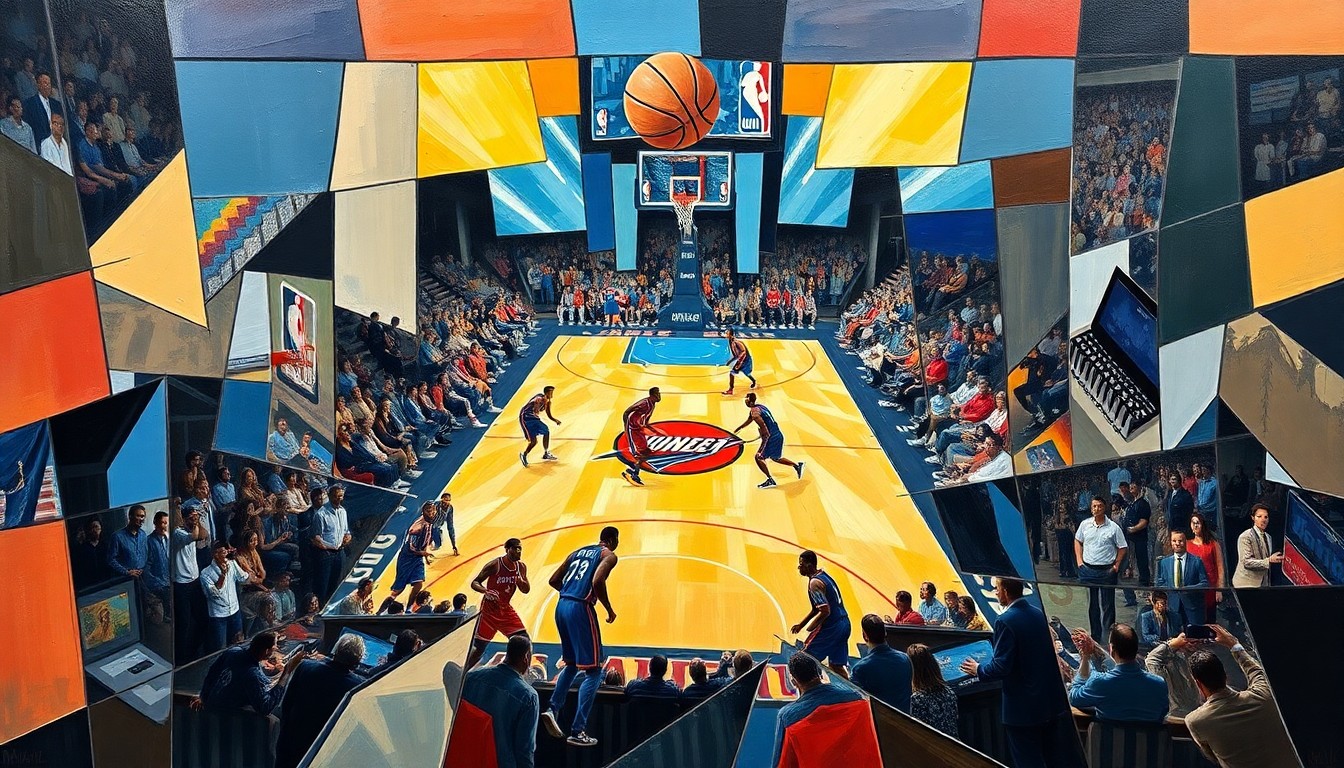 A cubist-style painting depicting a basketball game, with players' figures broken down into sharp, overlapping geometric shapes in a vibrant color palette, conveying the dynamic action and unexpected outcome of the Thunder-Nuggets matchup.