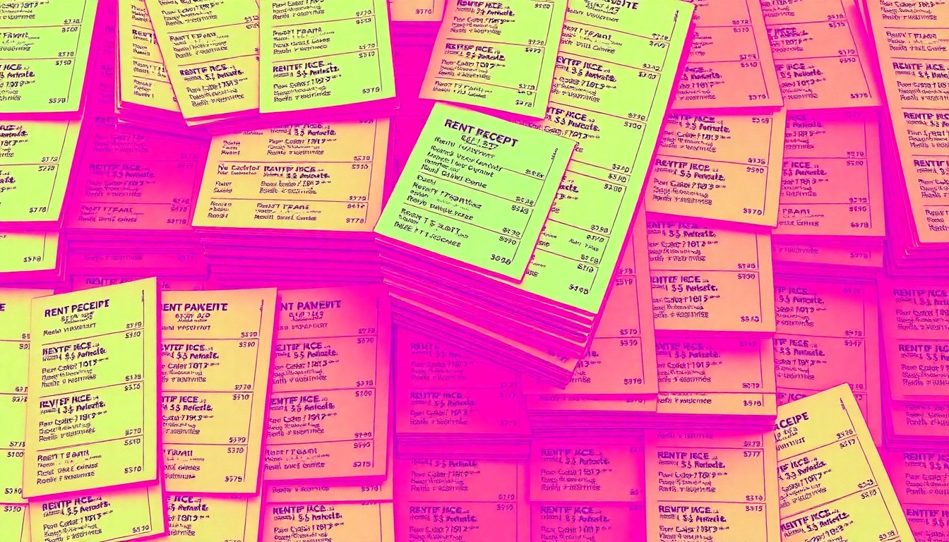 A brightly colored, high-contrast silkscreen print of a stack of rent payment receipts repeated in a tight grid pattern, conveying the concept of the everyday consumer habits and financial disputes faced by renters.