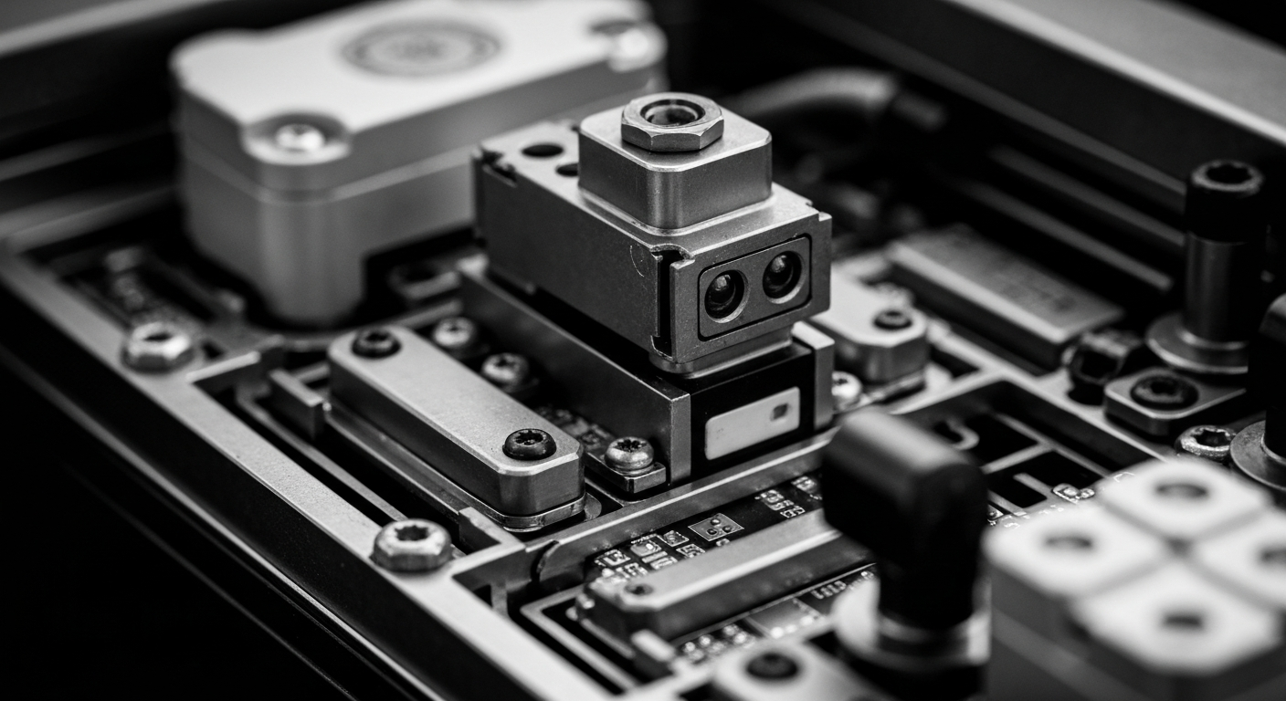 A high-contrast, close-up photograph of the intricate mechanical components and sensors that make up the LiDAR system of an autonomous vehicle, conveying the complex and industrial nature of this emerging technology.