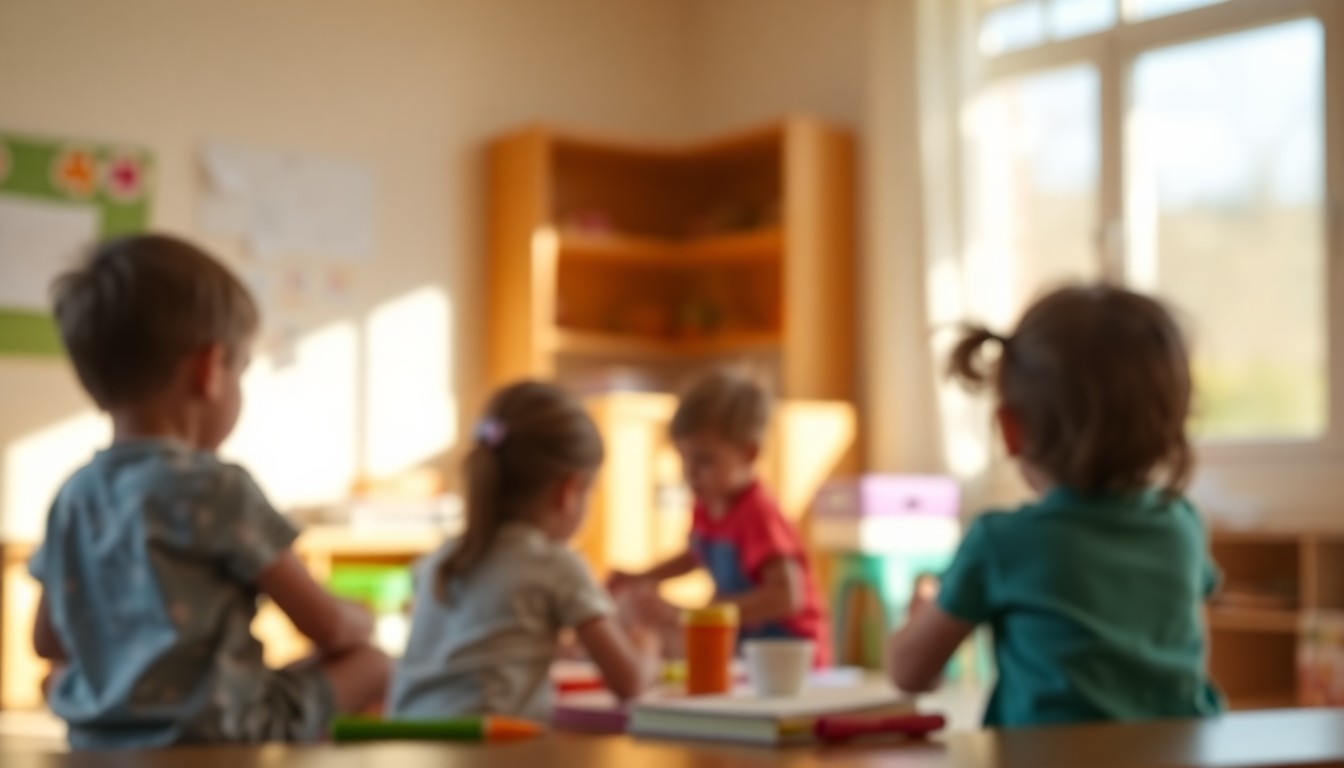 An abstract, out-of-focus scene of children playing and learning in a warm, sunlit classroom, with blurred shapes and colors representing the holistic, nurturing environment of the new universal pre-K program.