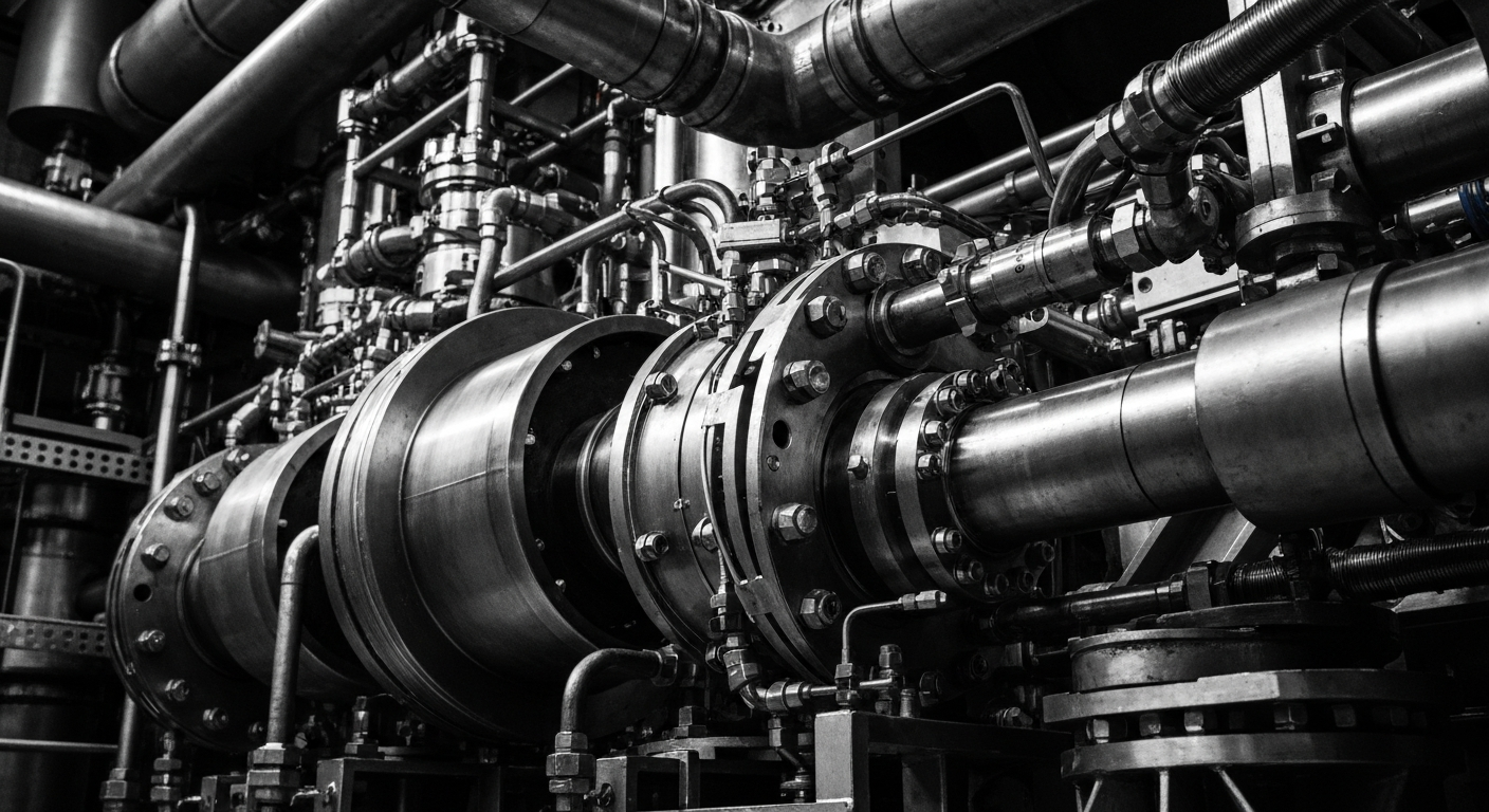 A close-up, cinematic view of the intricate machinery and components that make up a small modular nuclear reactor, captured in a high-contrast, industrial style that conveys the technical complexity of next-generation nuclear energy.
