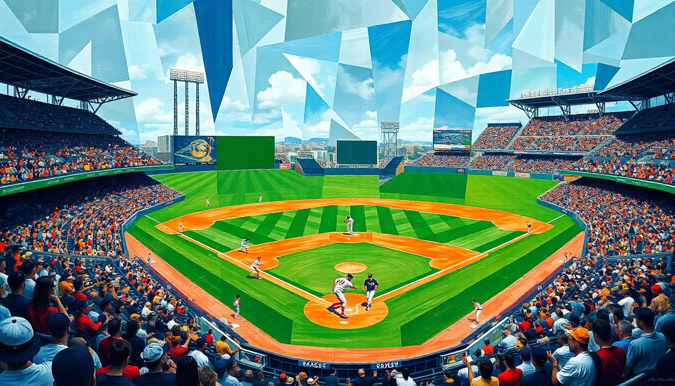 A fragmented, geometric painting depicting a baseball game broken down into overlapping planes of color and shape, conveying the complex issues of rules and fairness in the sport.