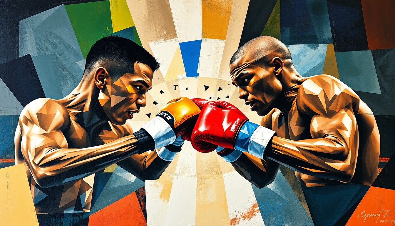 A cubist, geometric painting depicting a boxing match between two fighters, with their forms broken down into sharp, overlapping planes of color and shape, conveying the technical and tactical intricacies of a high-stakes title fight.