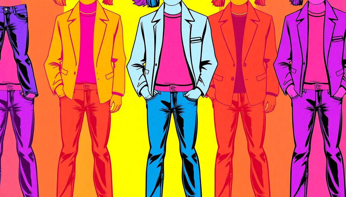 A high-contrast, silkscreen-style illustration featuring a repeated pattern of a classic denim jacket in vibrant shades of blue, green, and pink, conceptually representing the power of fashion choices to shape one's appearance.