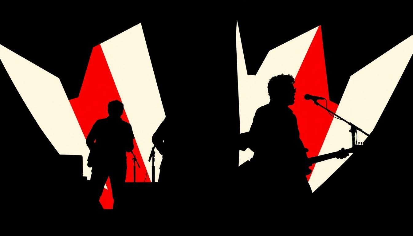A minimalist, abstract illustration featuring stark black silhouettes and bold geometric shapes in contrasting red and white, conceptually representing the musical legacy and tribute performance.