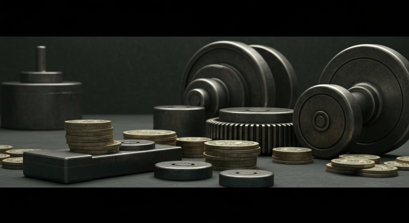 An extreme close-up of industrial gears, levers, and machinery in muted tones, conveying a sense of financial security and institutional power without depicting any literal currency or financial symbols.