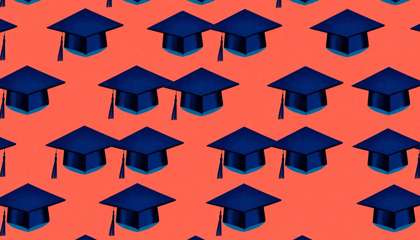 A bold, colorful silkscreen print featuring a repeating pattern of graduation mortar board caps in vibrant neon shades, conceptually representing the competitive and innovative nature of California's top public universities.