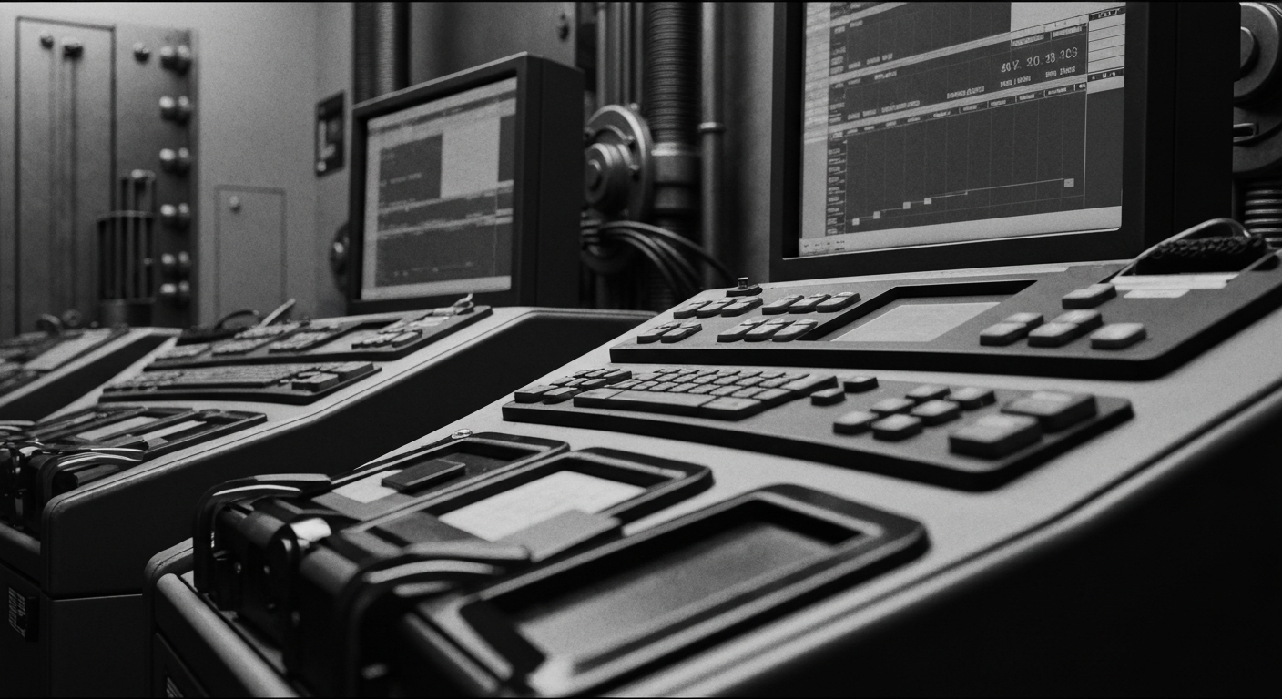 A high-contrast, cinematic close-up of complex financial machinery and equipment, representing the institutional forces and infrastructure underlying the stock market's reaction to Seres Therapeutics' performance.