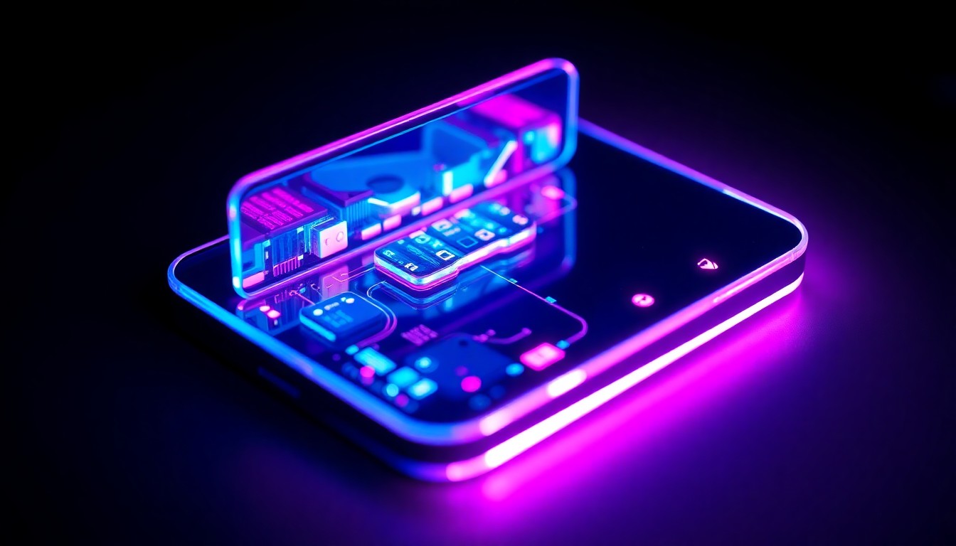 A close-up, macro-level view of a foldable smartphone device, its intricate components and circuits illuminated by vibrant neon lights, conveying the technological sophistication behind this new mobile innovation.