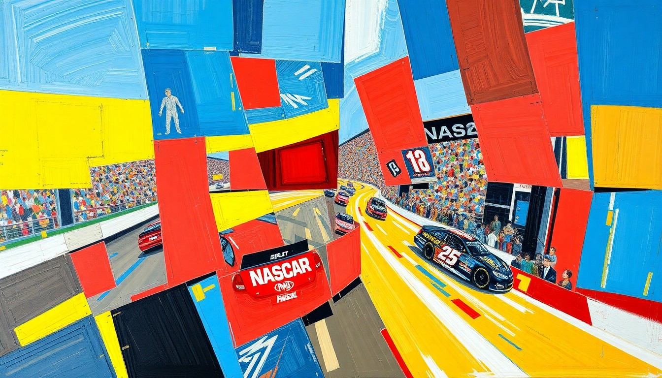 A fractured, geometric painting in bold colors depicts a NASCAR race scene, representing the multifaceted legacy of driver Greg Biffle, who was known for his racing prowess and humanitarian efforts.