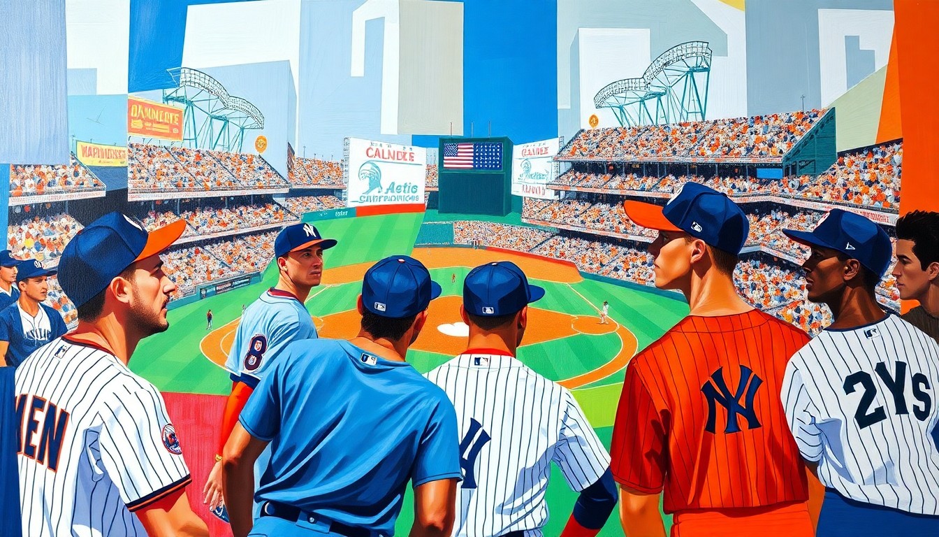 A fractured, multi-perspective painting in bold, overlapping geometric shapes and planes, depicting a baseball game in progress with the colors of the Mets and Yankees uniforms, but no identifiable players or logos.