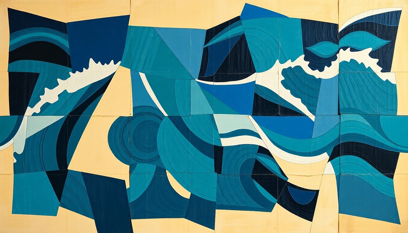A dynamic, abstract painting featuring overlapping, fractured geometric shapes and lines in shades of blue, conceptually representing the chaotic and high-stakes situation unfolding in the Strait of Hormuz.