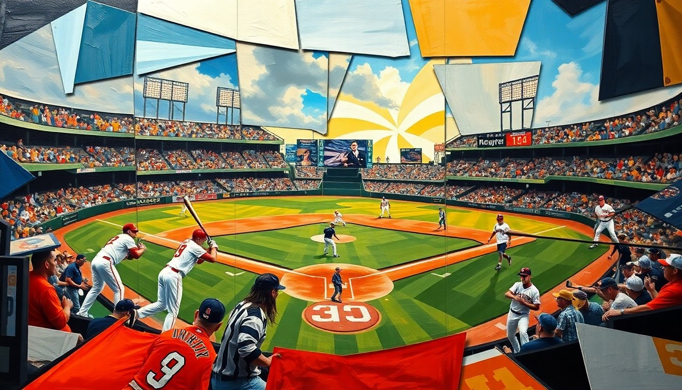 A fractured, cubist painting depicting the dynamic motion and energy of a baseball game, with players and the field abstracted into sharp, overlapping geometric shapes and planes.