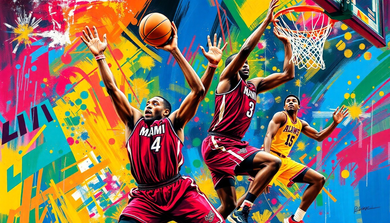 A vibrant, expressionist painting in neon colors depicting the dynamic movements and scoring actions of basketball players from the Miami Heat and Atlanta Hawks, capturing the raw energy and intensity of their high-scoring matchup.