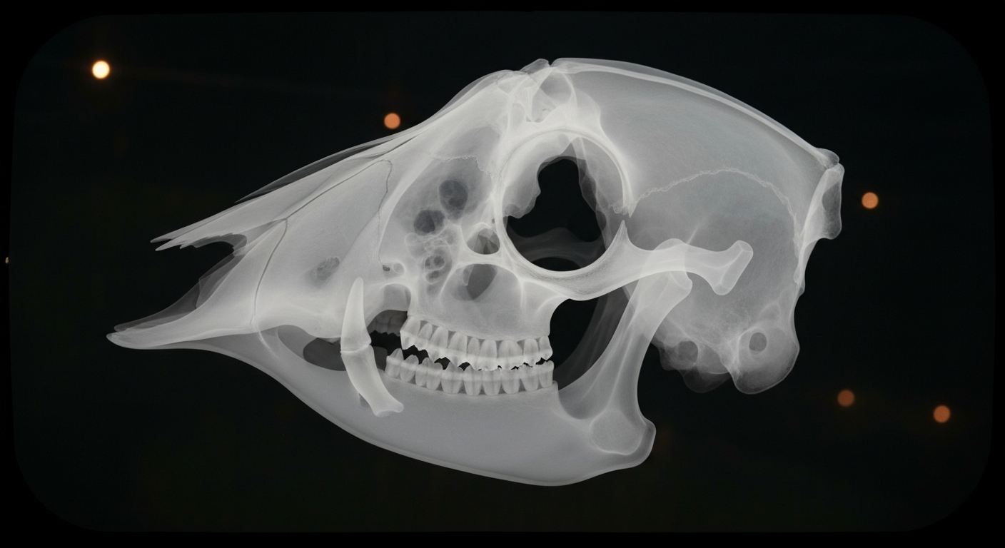 A ghostly, translucent X-ray photograph showing the internal structure of a mouse skull, with slight distortions and irregularities in the facial features, conceptually illustrating the findings of the study on the effects of high antioxidant intake on offspring development.