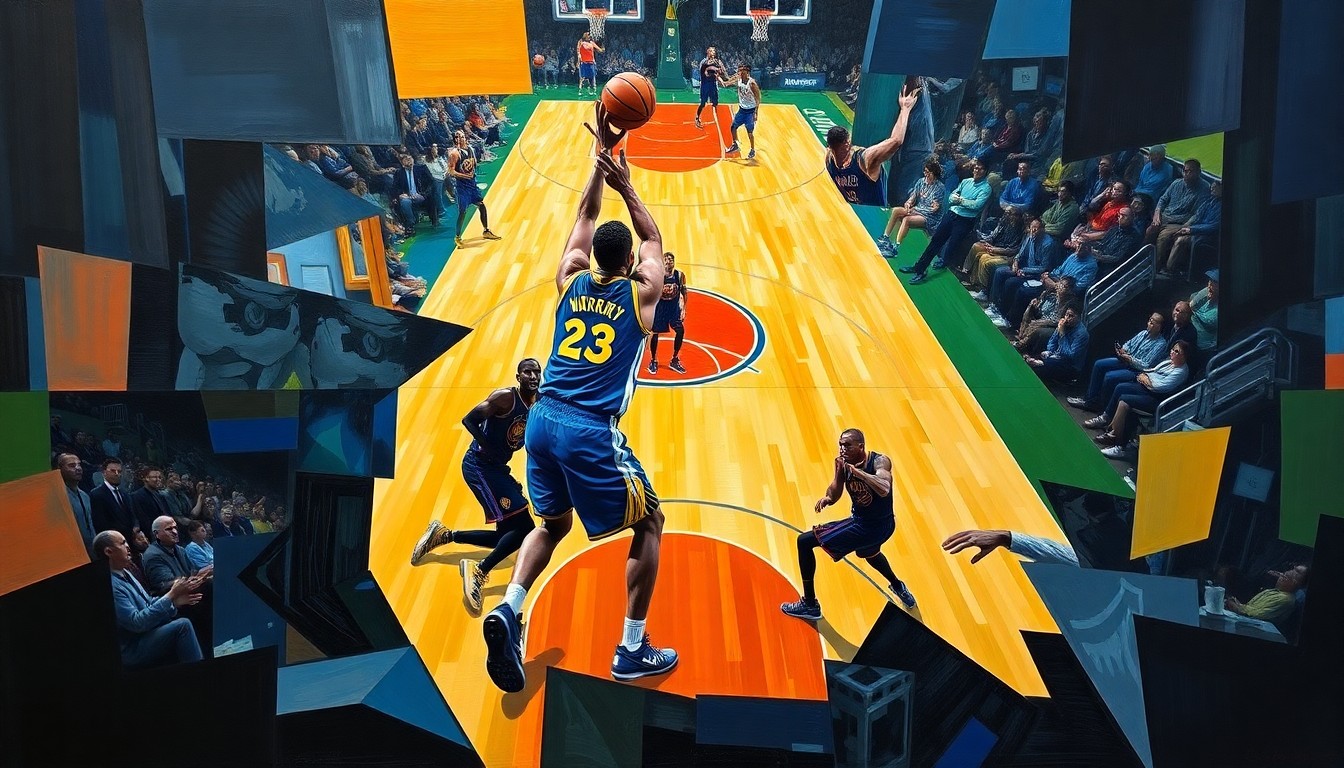 A fractured, geometric painting depicting the key moment of a controversial foul call during a basketball game, with the players' bodies and the court deconstructed into sharp, overlapping planes of color.
