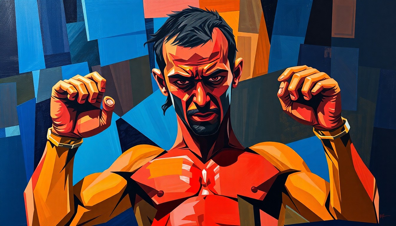 A fragmented, cubist-style painting depicting the intense physicality and mental strain of weight cutting in mixed martial arts, with sharp geometric shapes and planes in a palette of deep blues, fiery reds, and earthy browns.