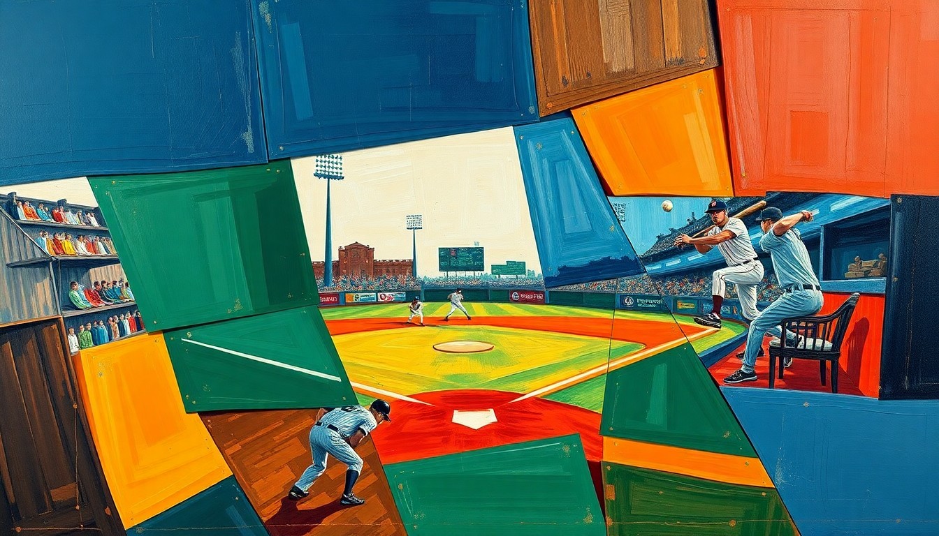 A cubist, geometric painting depicting the motion and energy of a baseball pitcher, with overlapping planes of color and form creating a dynamic, abstract representation of the sport.