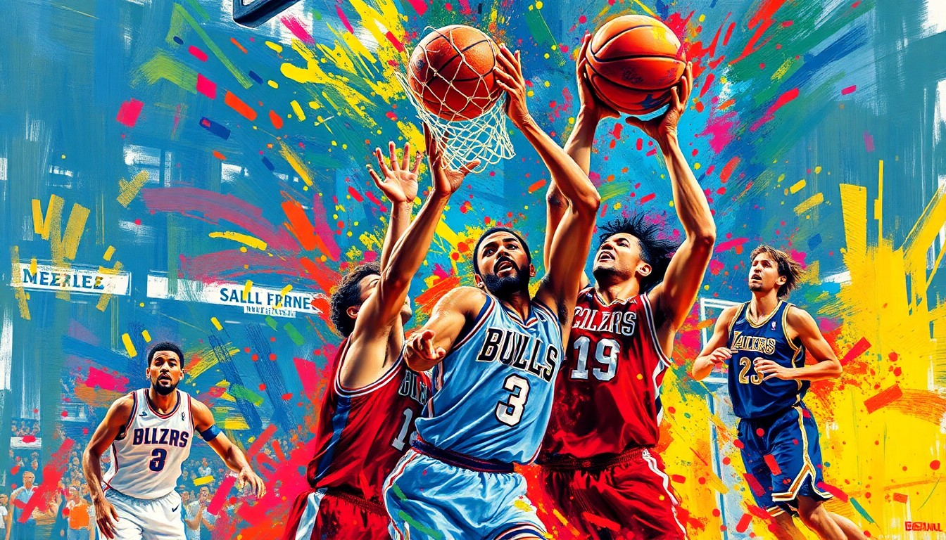 An abstract, expressionist painting featuring vibrant brushstrokes of neon colors capturing the dynamic movements and energy of a basketball game, with the players' forms dissolving into a chaotic, yet visually striking composition.