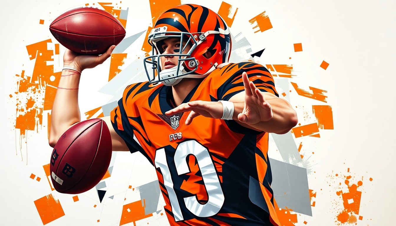 A cubist-style painting depicting a football quarterback in mid-throw motion, broken down into sharp, overlapping geometric shapes and planes in the Bengals' team colors of orange, black, and white, conceptually representing the complex dynamics of a veteran quarterback accepting a supporting role.