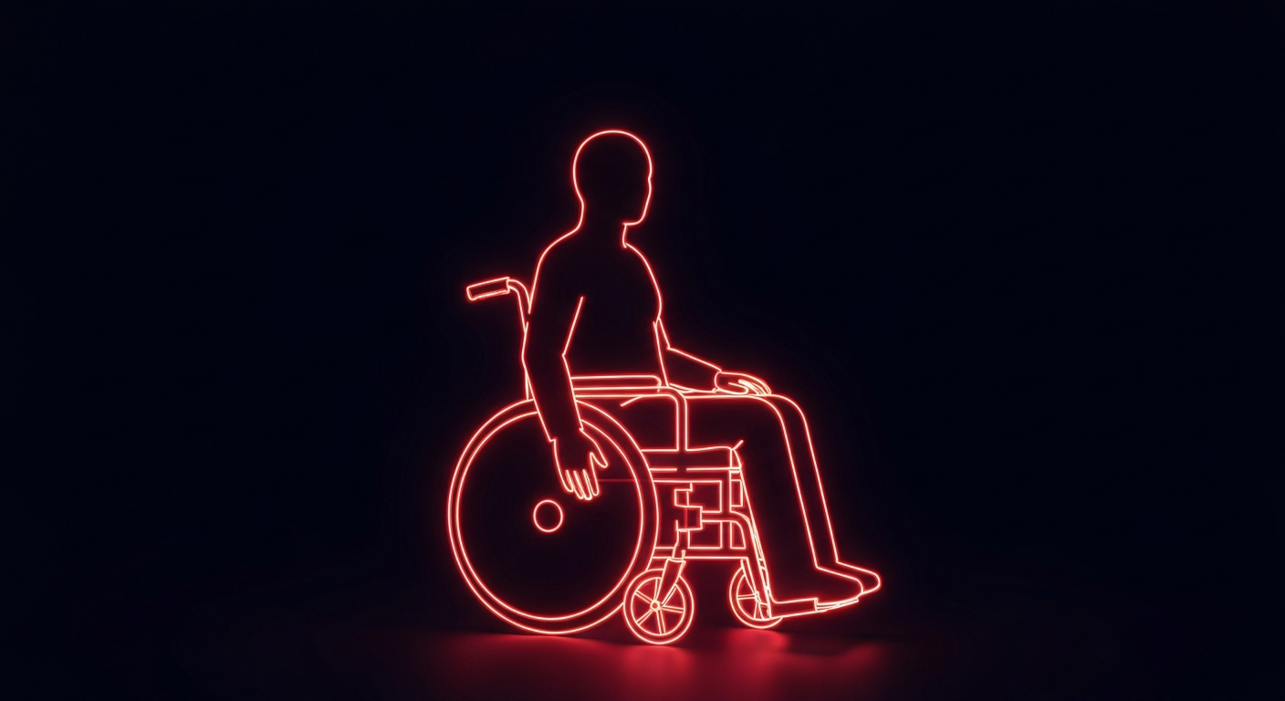 A minimalist, neon-outlined figure in a wheelchair against a dark background, conceptually representing the mobility challenges faced by dialysis patients.