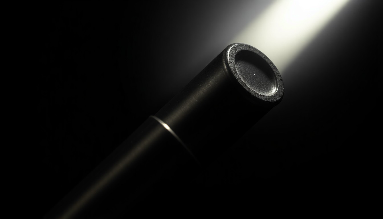 An extreme close-up photograph of a metallic object against a dark background, conveying a stark, investigative mood without revealing specific details.