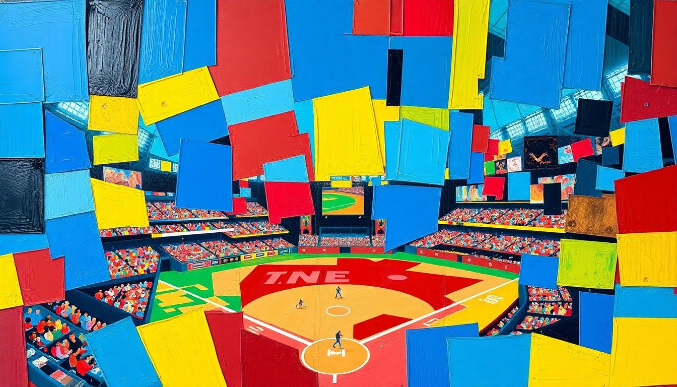 A fragmented, geometric painting in bold primary colors depicting the dynamic motion and energy of a baseball game, with no recognizable figures or details.