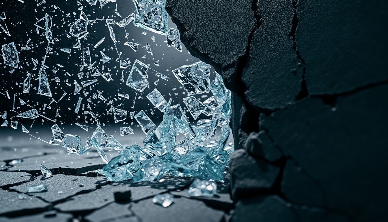 An abstract, high-contrast close-up photograph of shattered glass and cracked concrete, conveying the gritty, intense atmosphere of the upcoming conflict in Daredevil: Born Again.
