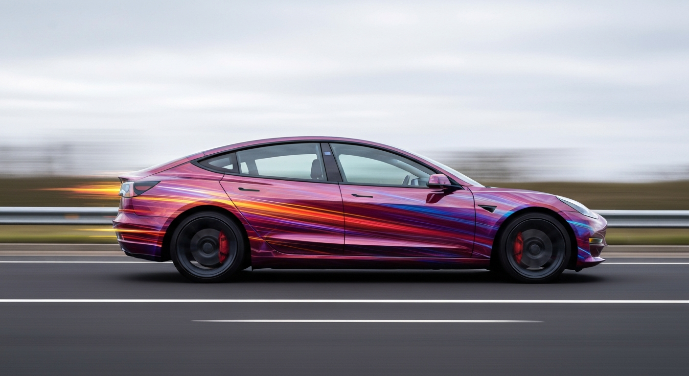 An abstract, blurred image of a Tesla Model 3 electric vehicle speeding down a highway, conveying a sense of modern engineering, power, and high-speed travel.