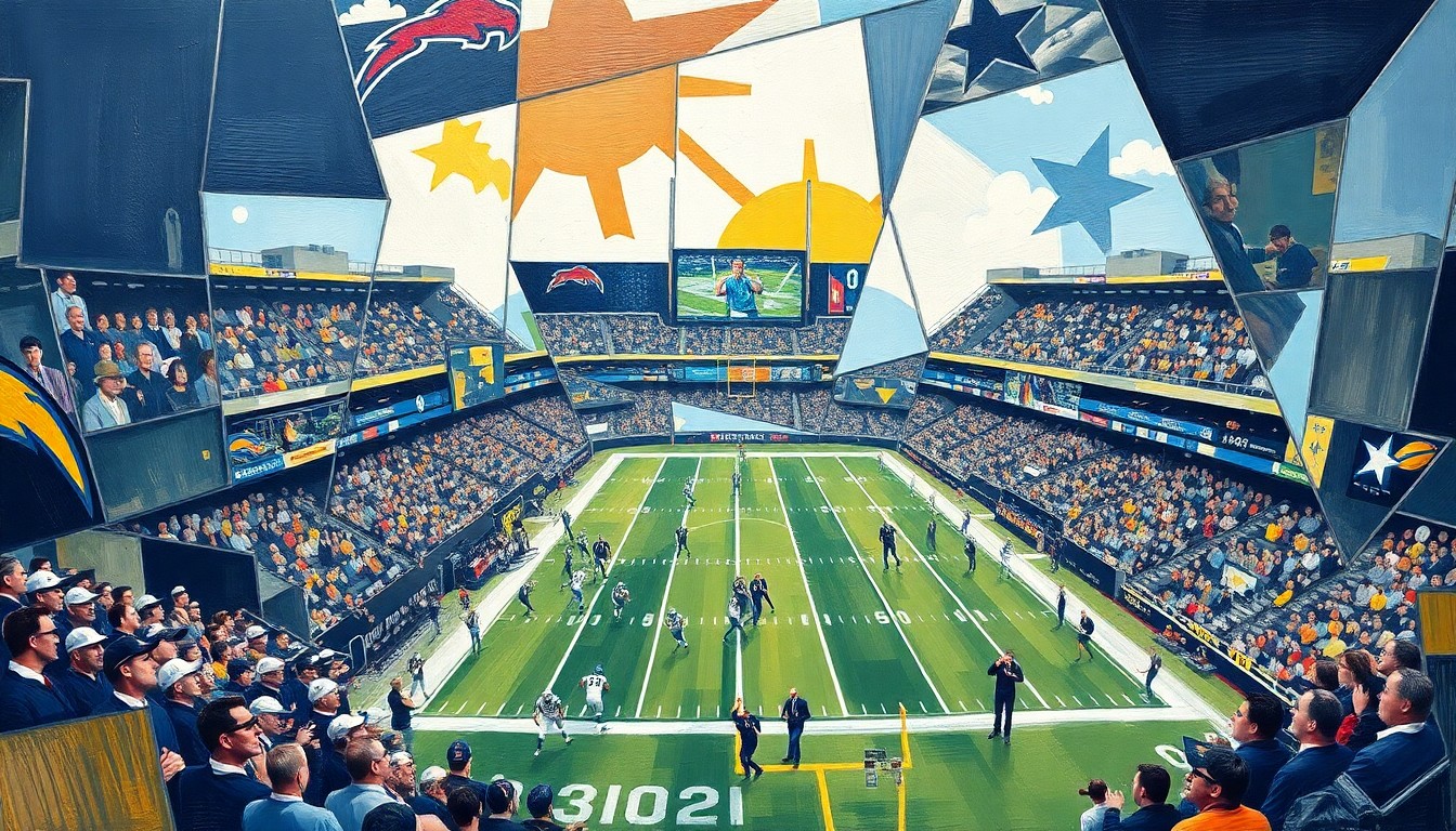 A fragmented, cubist-style painting depicting a football game, with sharp, overlapping geometric shapes and planes representing the action on the field, without any identifiable players or teams.