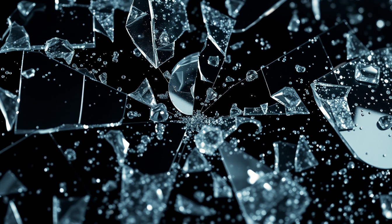 An extreme close-up of shattered glass and glittering sequins in high-contrast studio lighting, conceptually representing the fragmented family dynamics and emotional turmoil after the loss of a loved one.