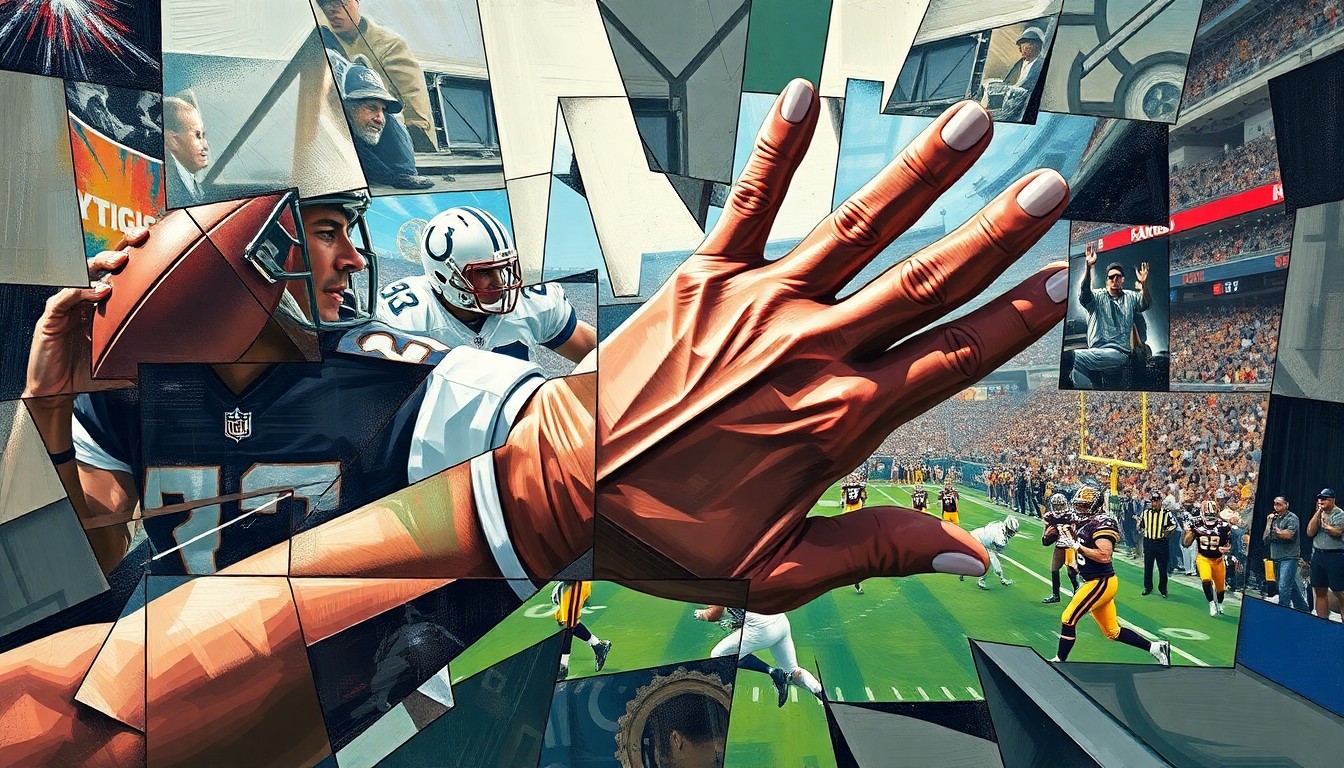 A cubist, geometric painting depicting a quarterback's injured hand and the chaotic action of a high-stakes playoff game, with sharp, overlapping planes of color and form.