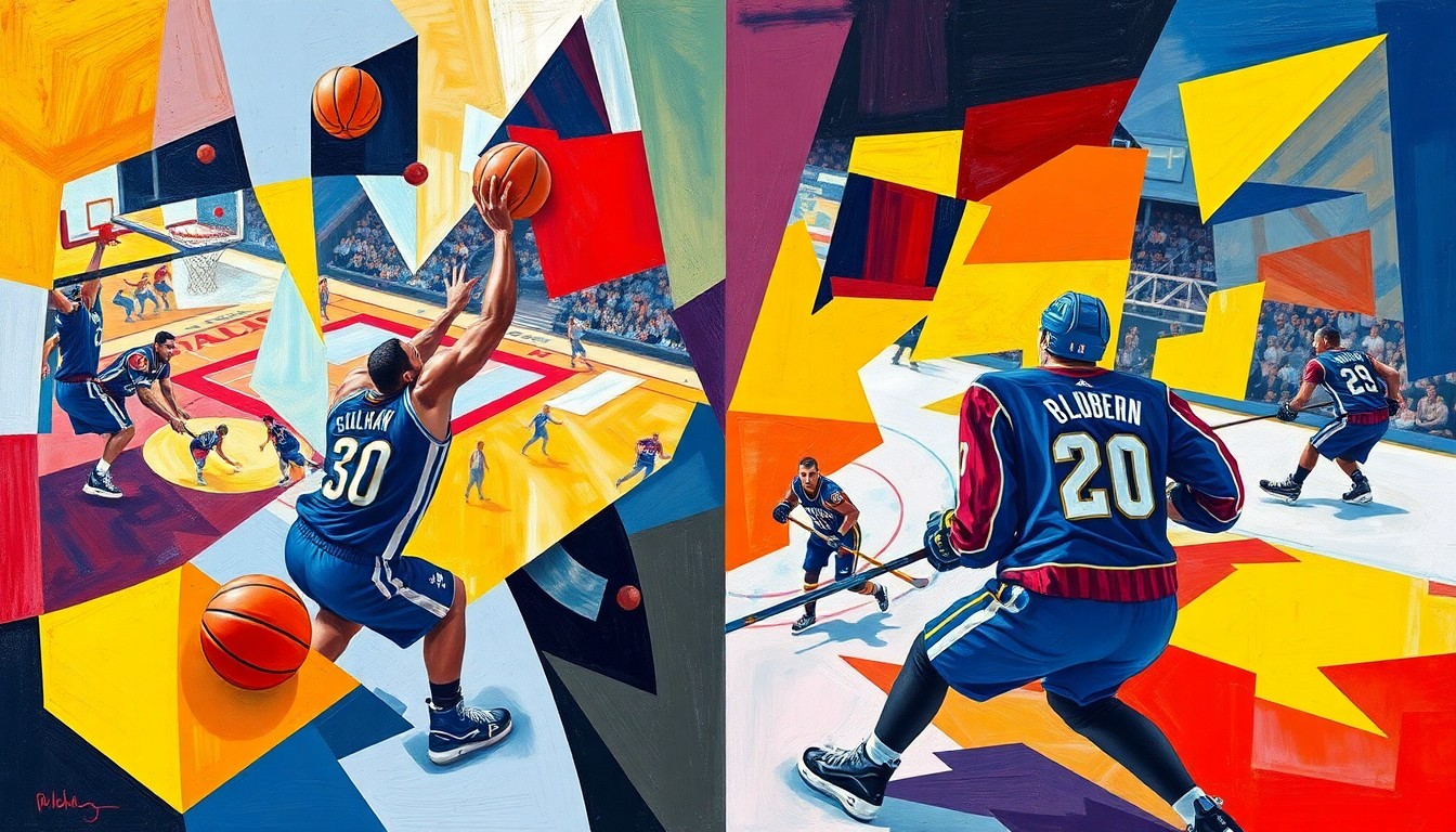 A fractured, cubist-style painting depicting a basketball game and a hockey match, with the players and action broken down into sharp, overlapping geometric shapes in the team colors of the Nuggets and Avalanche.