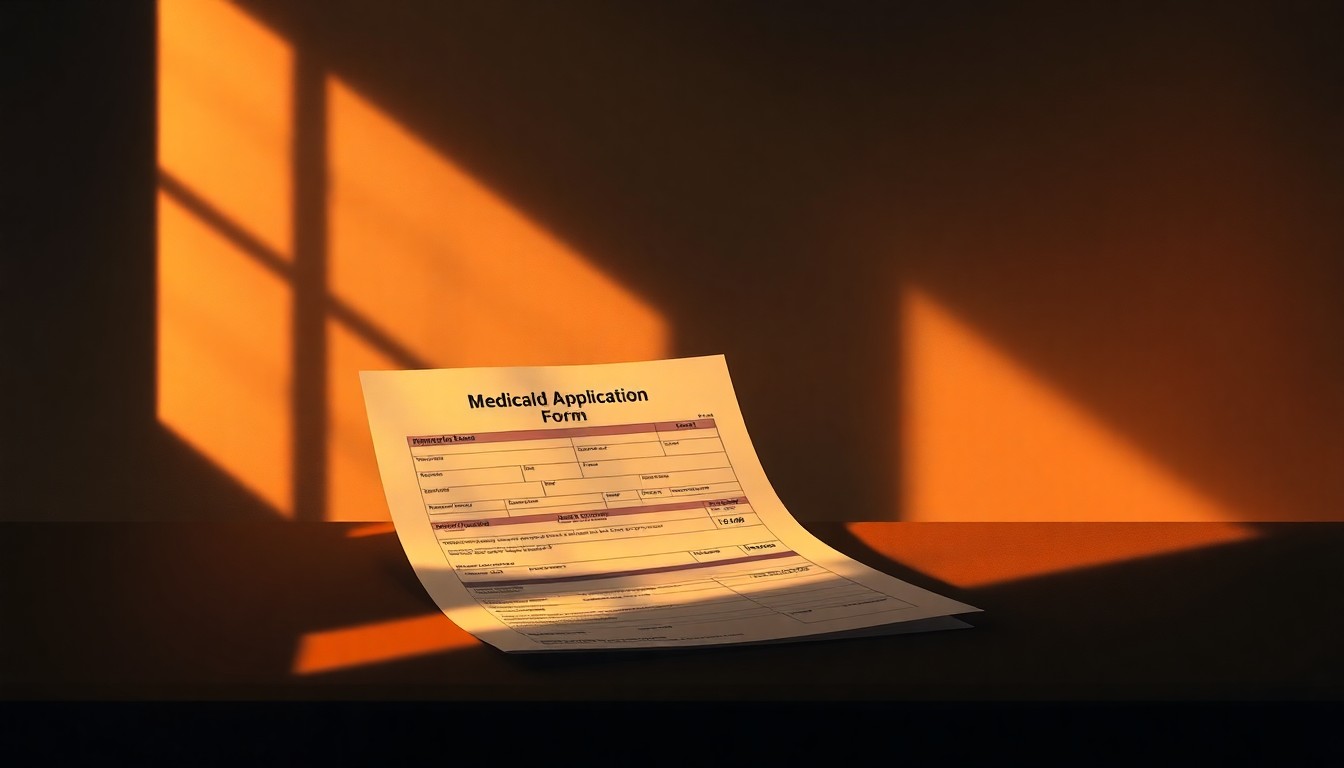 A photorealistic painting of a lone Medicaid application form or medical document sitting on a desk, with warm sunlight streaming in through a window and deep shadows cast across the surface, conveying a sense of quiet contemplation and the bureaucratic nature of the issue.