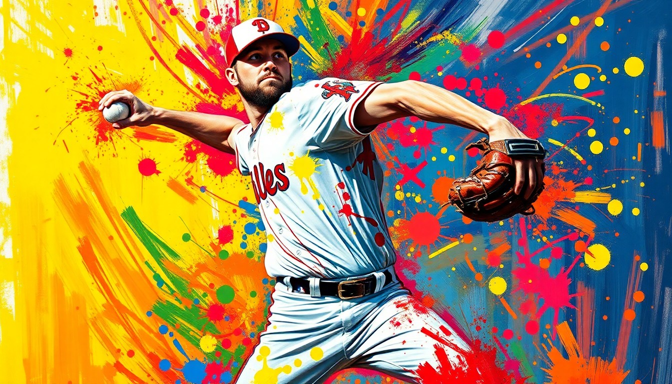 An abstract, expressionist painting in vibrant neon colors capturing the dynamic motion and raw power of a baseball pitcher on the mound, with details of the player's form and uniform dissolving into energetic brushstrokes.