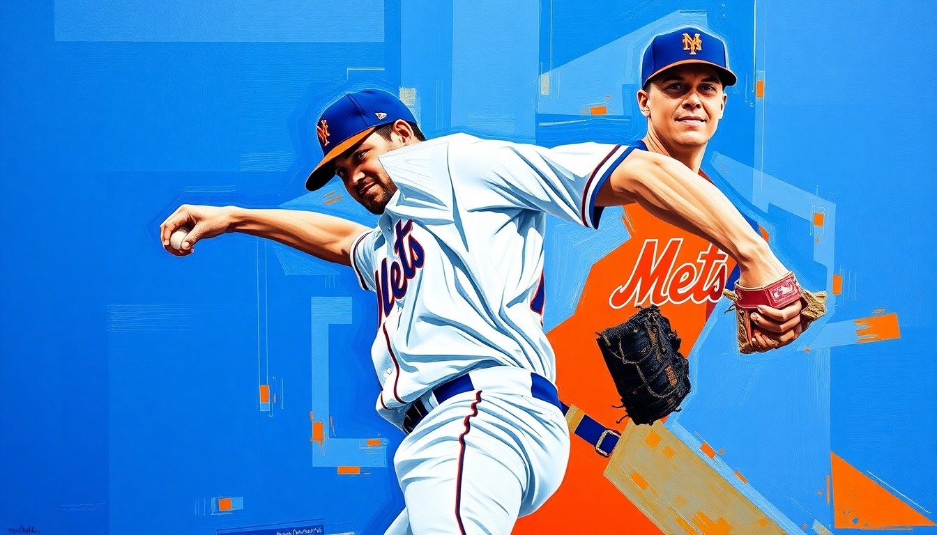 A cubist, geometric painting depicting a baseball pitcher's wind-up and delivery, with sharp, overlapping planes of vibrant Mets blue and orange colors.