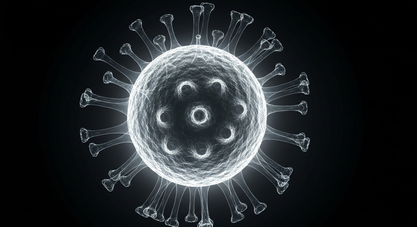 An extreme close-up X-ray photograph revealing the intricate internal structure of a measles virus particle, appearing as a glowing, translucent outline against a dark background, conceptually illustrating the public health concerns around breakthrough infections.