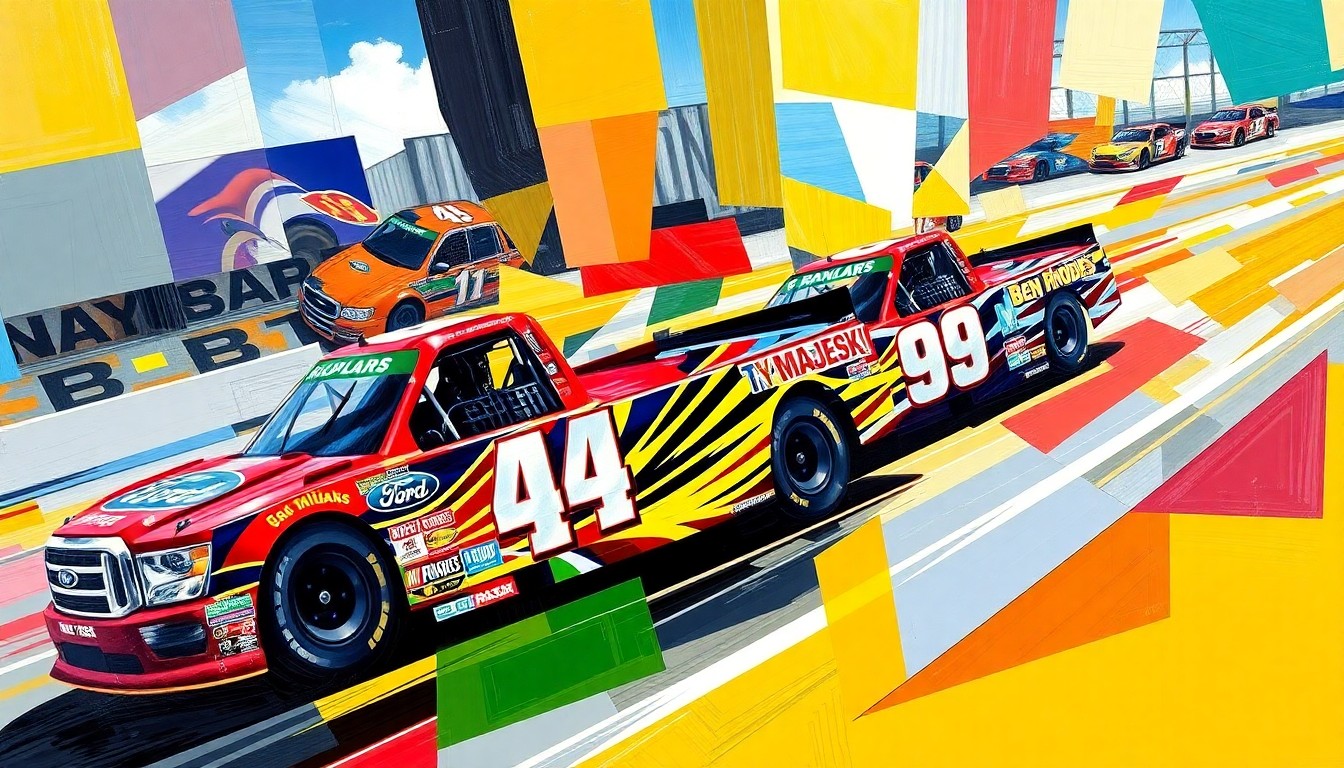 A fractured, cubist-style painting depicting the NASCAR Craftsman Truck Series race in St. Petersburg, with the vibrant colors of the Ford race trucks colliding and intertwining on the street course.