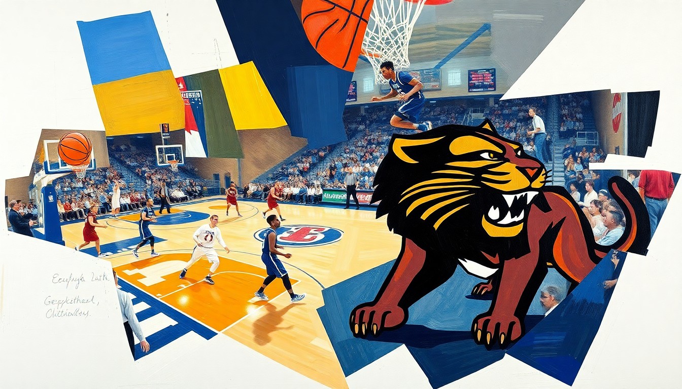 A fractured, multi-perspective painting featuring sharp, overlapping geometric planes in the team colors of the App State Mountaineers and Georgia State Panthers, conceptually representing the dynamic and competitive nature of their basketball game.