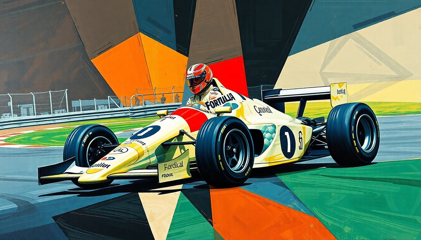 A fragmented, geometric painting depicting a Formula 2 race car in motion, with the driver and track elements broken down into sharp, overlapping planes of color and form, capturing the dynamic energy and competitive spirit of the practice session.