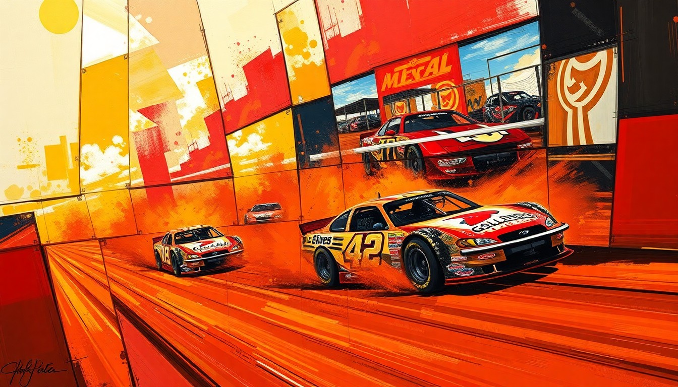 A cubist-style painting depicting a dirt late model race at the Golden Isles Speedway, with the cars and track broken down into sharp, overlapping geometric shapes in vibrant colors, conveying the intense speed and competition of the event.