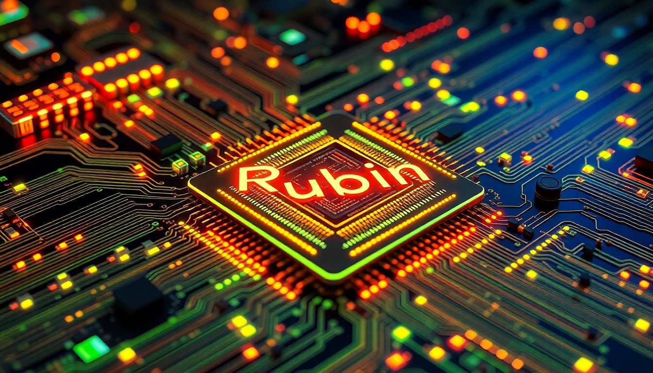 A highly detailed, glowing 3D illustration of Nvidia's new Rubin AI chip platform, featuring intricate circuitry, neon-lit components, and a sense of technological power and innovation. The image conveys the advanced, cutting-edge nature of Nvidia's latest AI hardware.