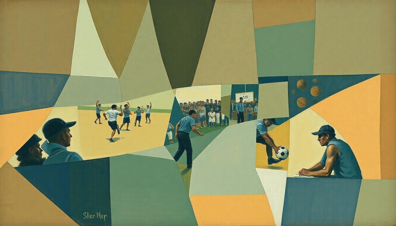 A cubist, geometric painting depicting a fragmented football field or coaching scene, with sharp, overlapping shapes and planes in muted earth tones and shades of blue and green, conveying the complexity and uncertainty surrounding Philip Rivers' potential transition to head coach.