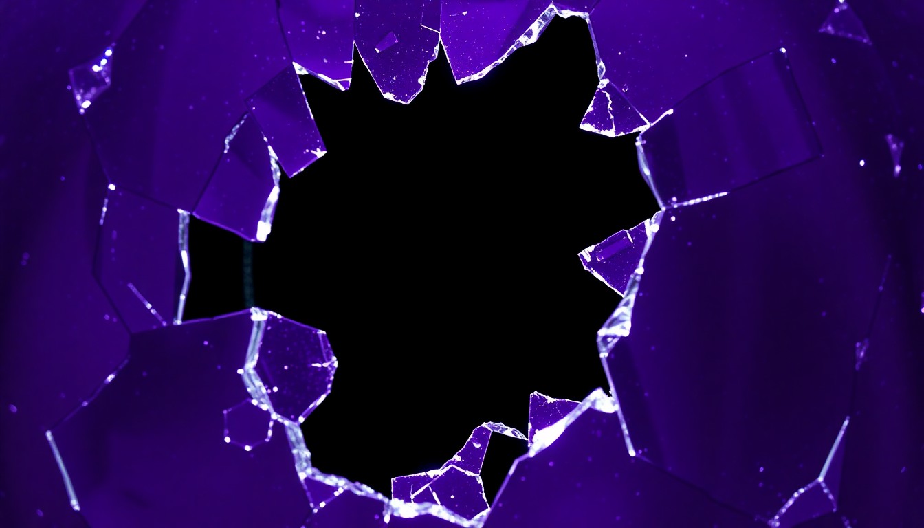 An abstract close-up photograph featuring shattered purple glass reflecting a single spotlight, conveying the emotional intersection of two musical styles and the fragility of artistic legacies.