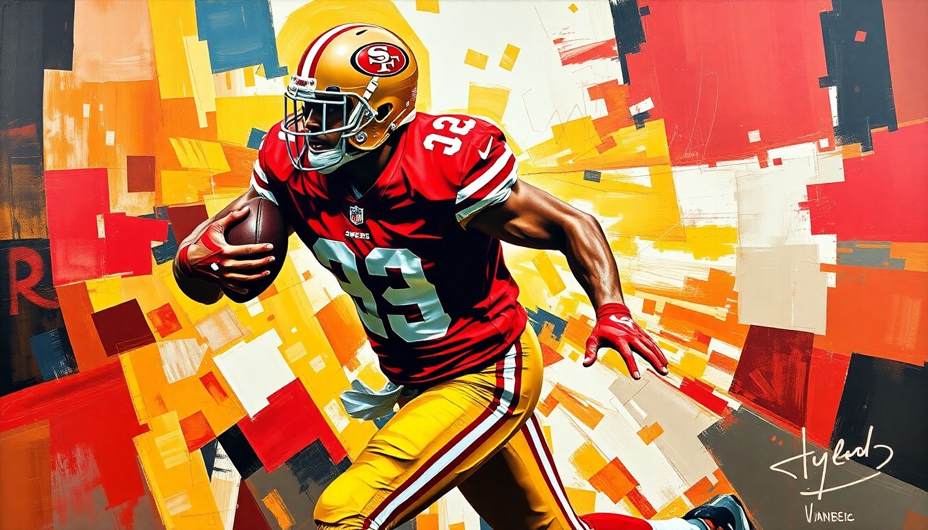A fractured, cubist-style painting depicting a football player in action, with sharp, overlapping geometric shapes in the 49ers' team colors of red, gold, and black, conceptually representing the complex negotiations between the player and the team.
