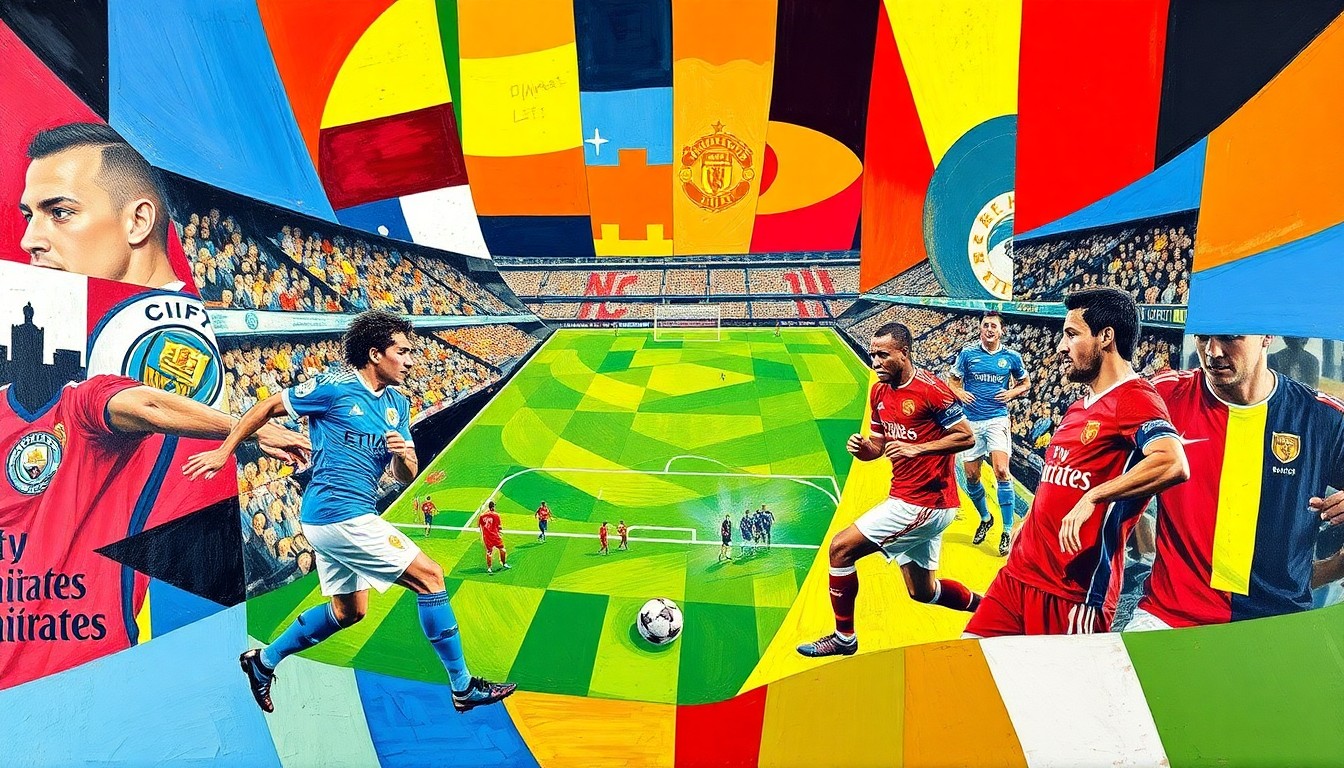 A fragmented, multi-angled painting in bold, vibrant colors representing the dynamic action and competing forces of a Premier League football match.