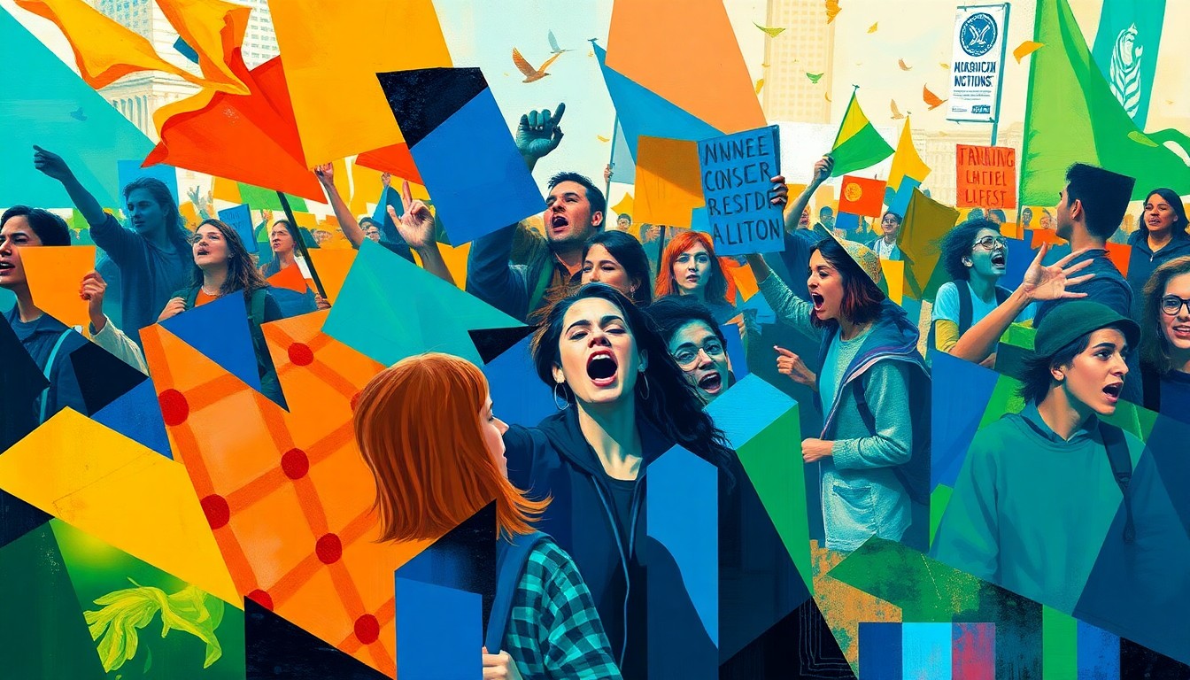A dynamic, abstract painting depicting a crowd of students marching and chanting, with overlapping geometric shapes and waves of vibrant colors, conceptually representing the energy and momentum of the student protest.